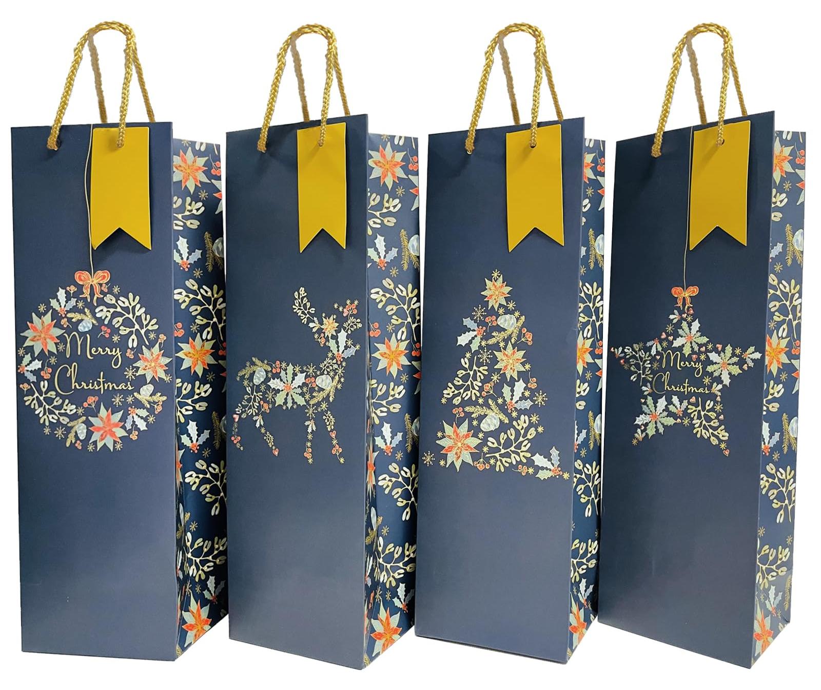 12 Weihnachts-Geschenktüten aus Papier mit Griffen für Weinflaschen