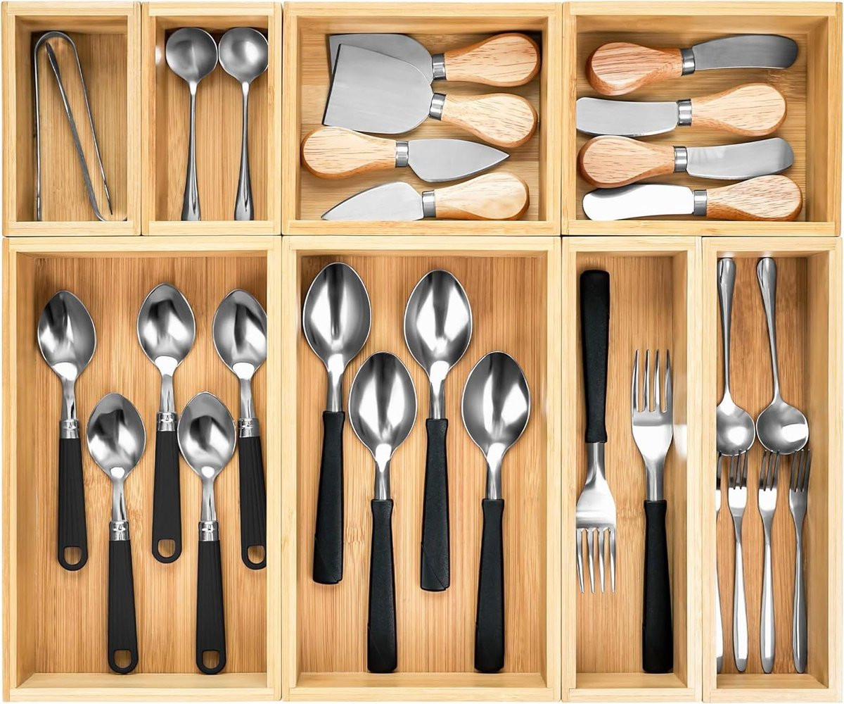 Set van 8 bamboe ladeverdelers voor bestek en hobby-opslag