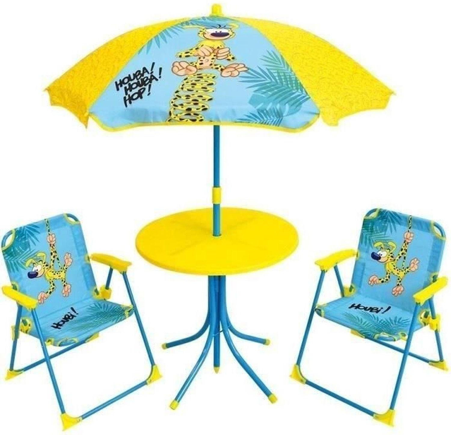 FUN HOUSE Marsupilami kinderset voor in de tuin - Geel - 2 inklapbare stoelen en parasol