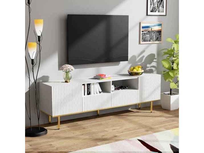TV-Schrank mit 2 Türen, Fernsehtisch mit Goldenen Metallfüßen, TV Lowboard mit 2 Schubladen, TV Board für Fernseher bis zu 65 Zoll, Fernseher Tisch für Wohnzimmer Schlafzimmer, 165x36x55 cm, Weiß