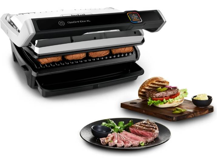 Kontaktgrill TEFAL OptiGrill Elite XL, spülmaschinengeeignete Platten , schwarz (edelstahlfarben, schwarz), B:37,5cm H:22,9cm T:48,1cm, Kontaktgrill_Standgrill_Tischgrill_Teppanyakigrill, Kontaktgrill, Countdown zum Grillergebnis, Grillboost für Grillstreifen, GC760D