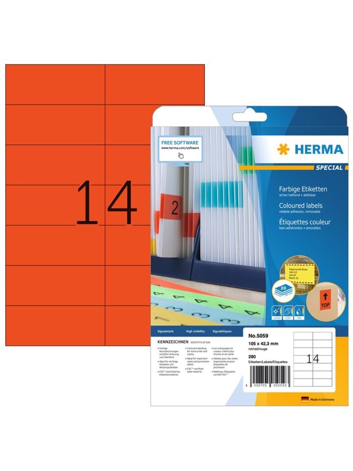 HERMA Farbige Etiketten A4, 105 x 42,3 mm, rot, ablösbar