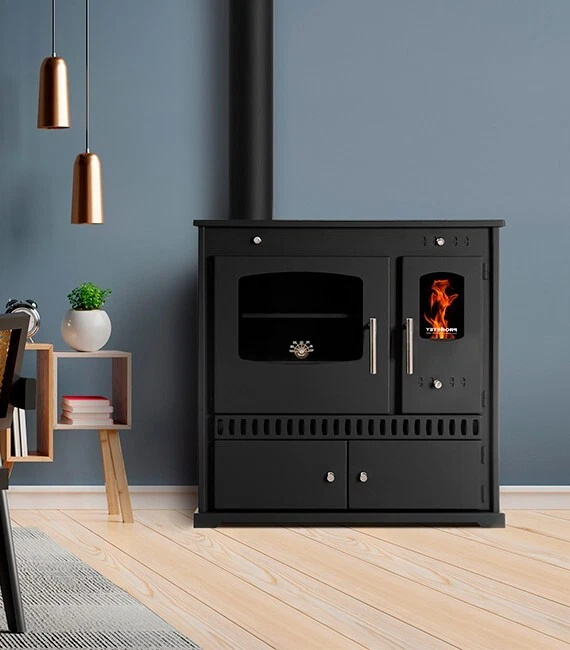 Holzofen PROMETEY Perfect Eco 7 kW Gusseisenplatte Kochherd Kaminofen Links