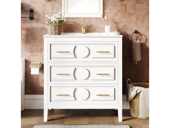 Meuble de salle de bain - HIBA - 81x46 5 cm - Lavabo céramique - 3 tiroirs à fermeture douce - MDF blanc poignées dorées