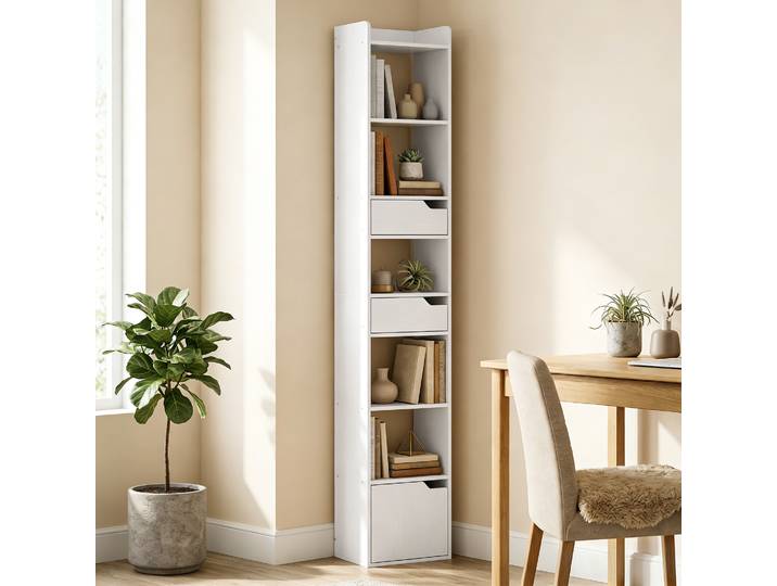 HOMCOM Bibliothèque Blanche 6 Étagères 2 Tiroirs 32x24x181,5 cm