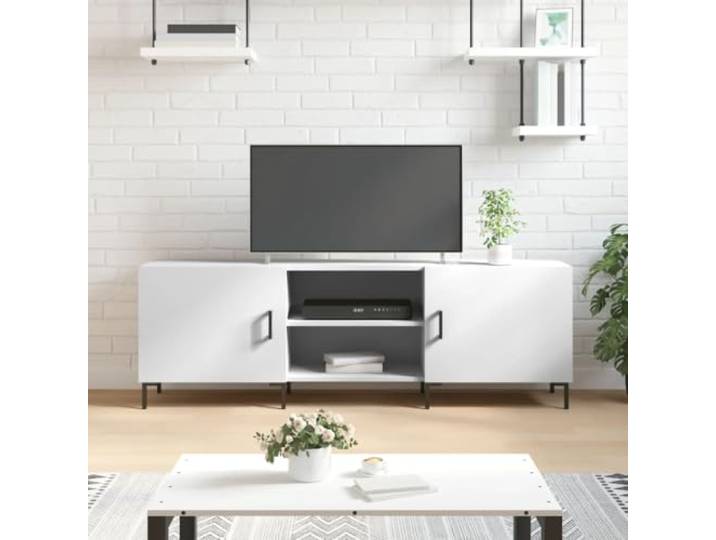 HEFZGDB TV-Schrank Weiß 150x30x50 cm Holzwerkstoff mit 4 Fächern und Eisenbeinen - Robuster Medienschrank mit Stauraum und praktischer Tür für Wohnzimmer Einrichtung
