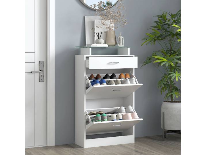 HOMCOM Armoire Chaussures Bois Blanc Tiroir Verre