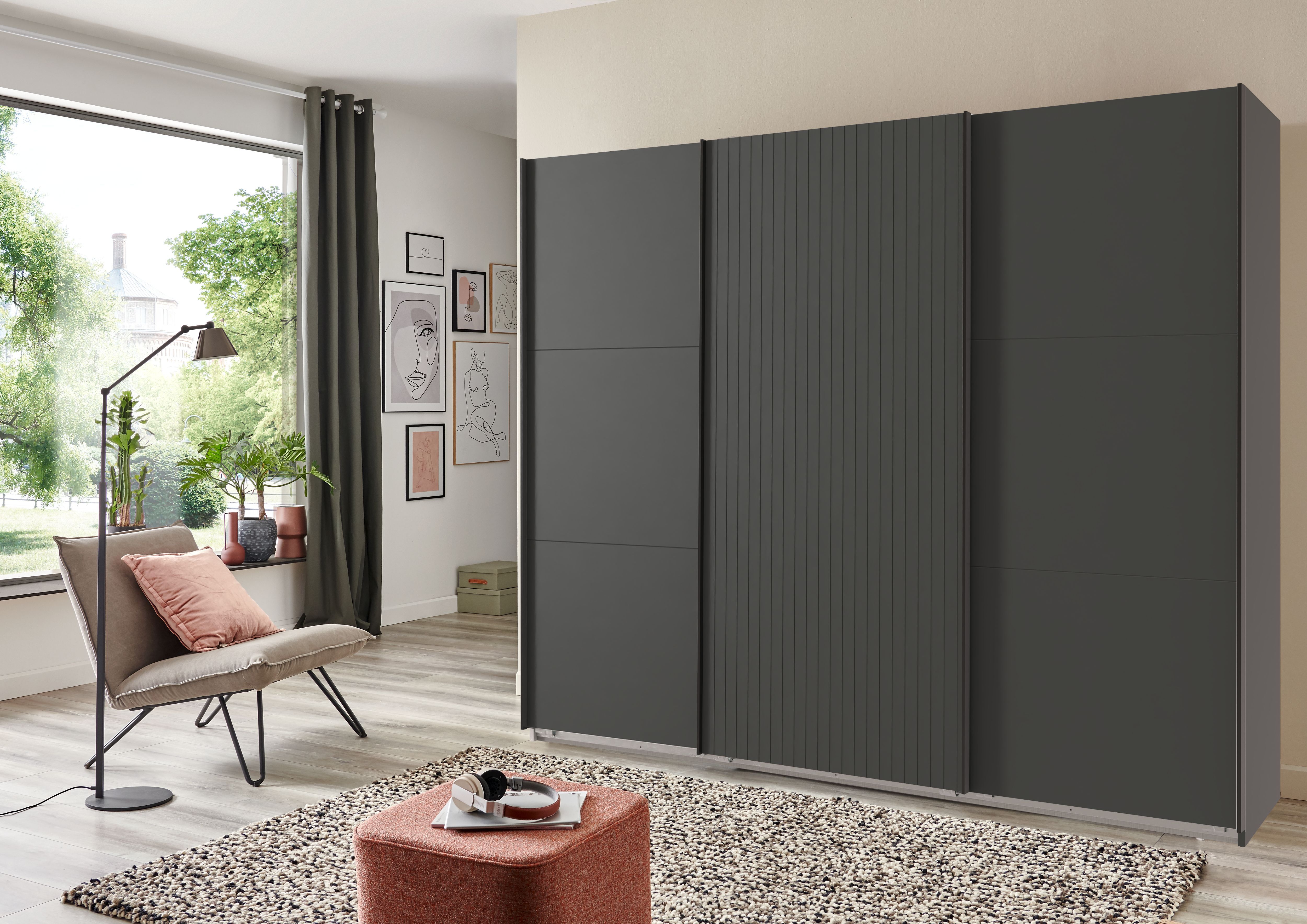 Schwebetürenschrank WIMEX "Andorra by fresh to go", schwarz (graphit, akustikpaneel optik graphit), B:300cm H:216cm T:65cm, Holzwerkstoff, Schränke, Schwebetürenschrank, Mit 3D-Leisten für Akustikpaneel-Optik graphit, akustikpaneel optik graphit Graphit, 