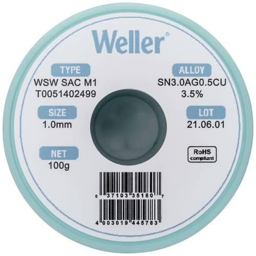 Weller T0051402499 Lötzinn, bleifrei Spule, bleifrei Sn3,0Ag0,5Cu 100g 1mm