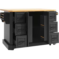 OKWISH Kücheninsel MDF Schwarz 120x45x91 cm, rollbar mit 6 Schubladen, 2 Türen, 5 Rollen und Arbeitsplatte in Holzoptik