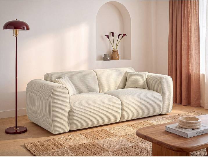 3-Sitzer Schlafsofa mit Express-Bettfunktion aus Cordstoff in Beige - Liegefläche 140 cm - Matratze 20 cm Memoryschaum POGNIA