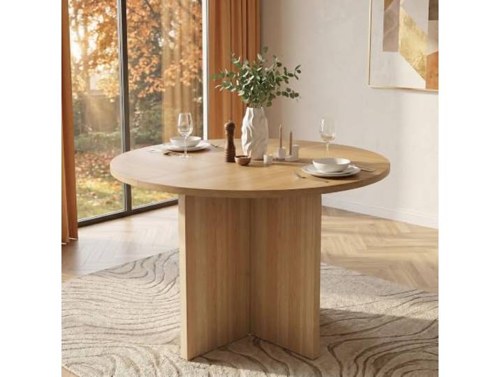 Merax Runder Esstisch Ø120x75 cm – für 4-6 Personen, Eichen-Optik, skandinavisch-minimalistisch, hochwertig, Kratzfest, einfach montieren, vielseitig einsetzbar, helle Holzfarbe