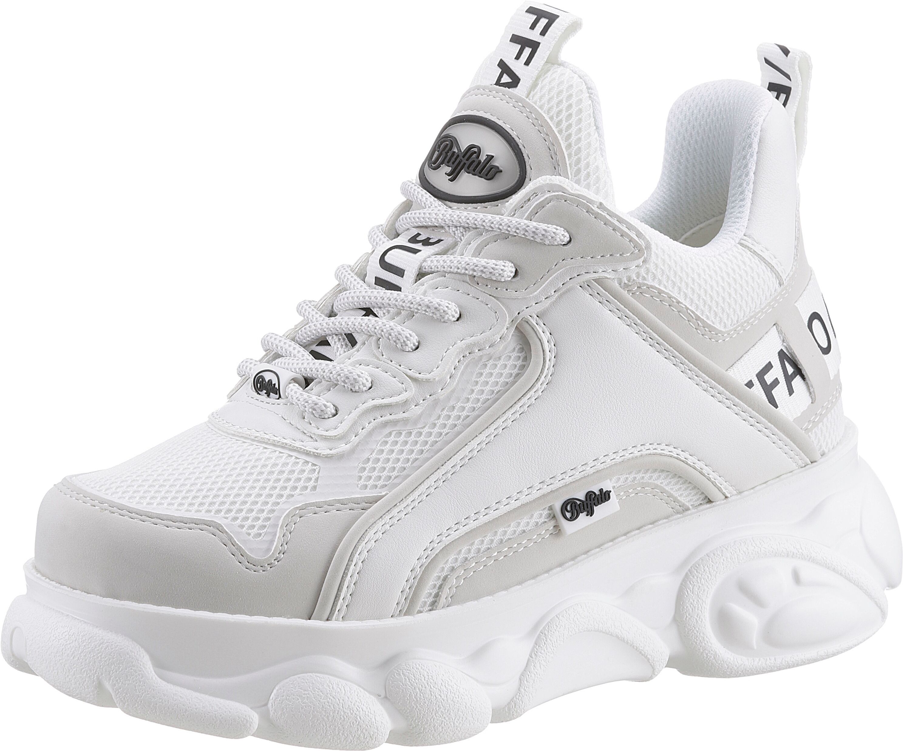 Plateausneaker BUFFALO "CHAI", Damen, Gr. 39, Textil, weiss (weiß, natur), Lederimitat, Textil, kontrastfarbene Details, unifarben, Schuhe Plateausneaker, Ugly-Sneaker, Halbschuh, Schnürschuh in veganer Verarbeitung weiß, natur 39, Textil
