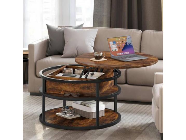 Table Basse Relevable Ronde avec Rangement Caché 80x80X47cm Table Basse Ronde Salon avec Cadre Métallique Robuste Marron