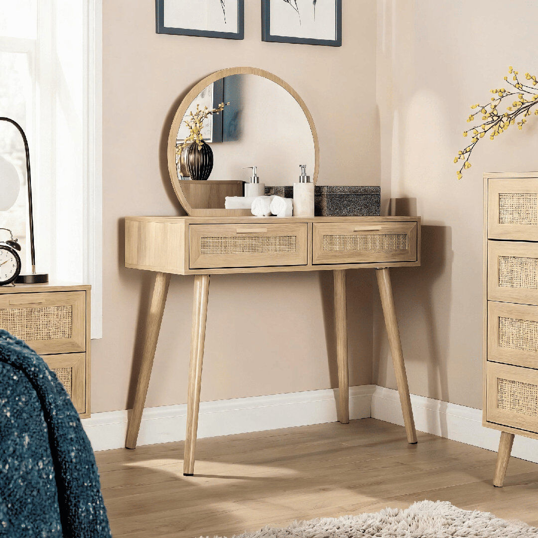 Bay Isle Home Anelise Rattan Dressing Table with Mirror Natural 126.5cm H X 90cm W X 41.5cm D