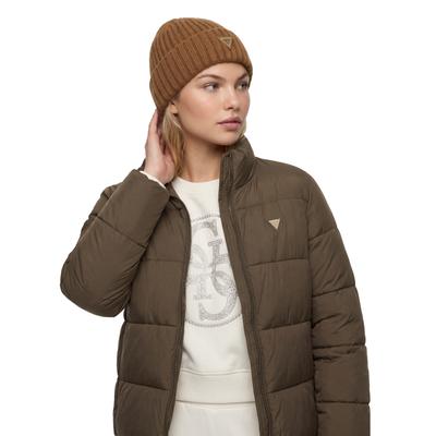Beanie GUESS "NOELLE II KNITTED BEANIE", Damen, Gr. L, latte, Strick, Materialmix, unifarben, Mützen Beanie, mit Logo auf dem Umschlag