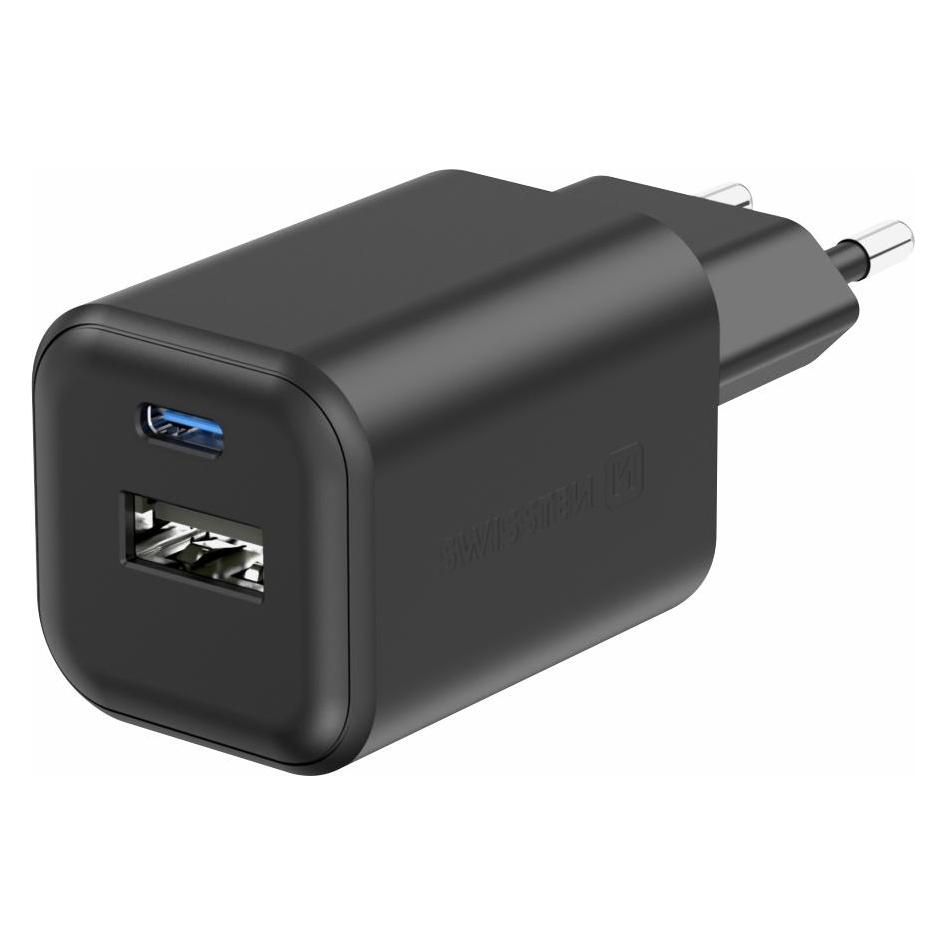 Swissten Travel Charger Gan 1X USB-C 45W PD + 1X USB-A 18W QC Black (45 W, 2 Ports) (22071310)