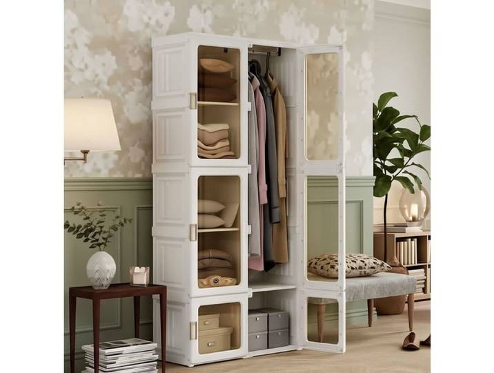 Armoire 170 cm- Pliable - Sans Installation - Charge 60kg - Portes Transparentes -avec Penderie & Étagères - PP Blanc