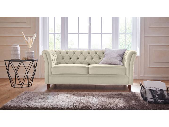 Chesterfield-Sofa HOME AFFAIRE Reims , beige (creme), B:180cm H:76cm T:88cm, Samtoptik (100% Polyester), Sofas, mit echter Chesterfield-Knopfheftung, hochwertige Verarbeitung