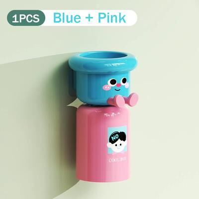 Youfap Market 2 In 1 Gargle Cup, Cute Kids Creative Toothbrush Holder, Household No Punching Organizer Rack With Cups For Toothpaste blue=pink