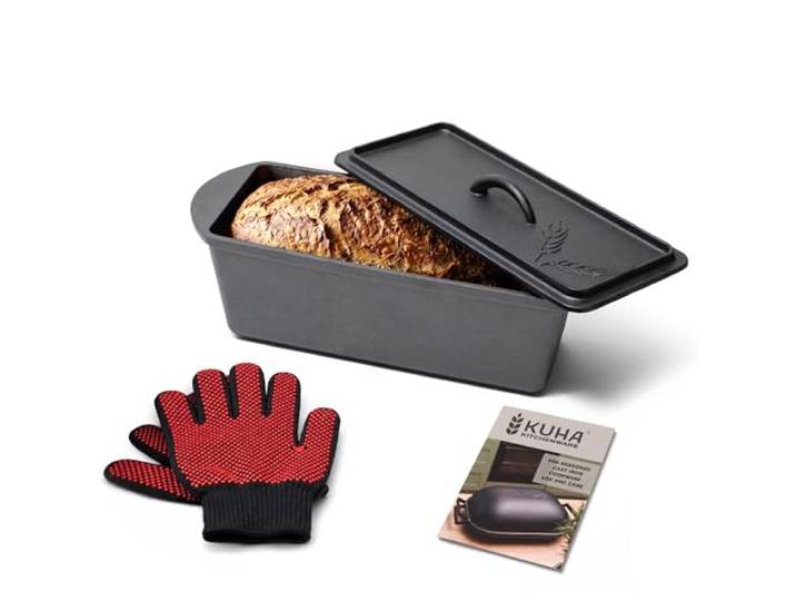 KUHA Brotbackform aus Gusseisen mit Deckel, vorgebrannte Sauerteigpfanne Vorgebrannte Backformen, backen Sie hausgemachtes Brot und Sauerteigbrote, hitzebeständige Handschuhe im Lieferumfang
