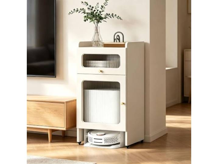 Schrankmöbel für Saugroboter mit versteckter Ladestation und Beistelltisch Freistehendes, modernes Aufbewahrungsmöbel mit Türen für Flur, Wohn- und Schlafzimmer(White,50 x 40 x 92 cm)