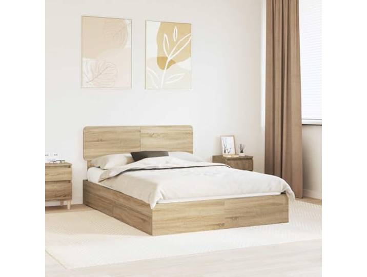 RJPLMFV Bett mit Stauraum, Eiche Sonoma, 140 x 200 cm, Holz Mit Schubladen, modernes Design, Plattform mit Latten, leicht zu reinigen