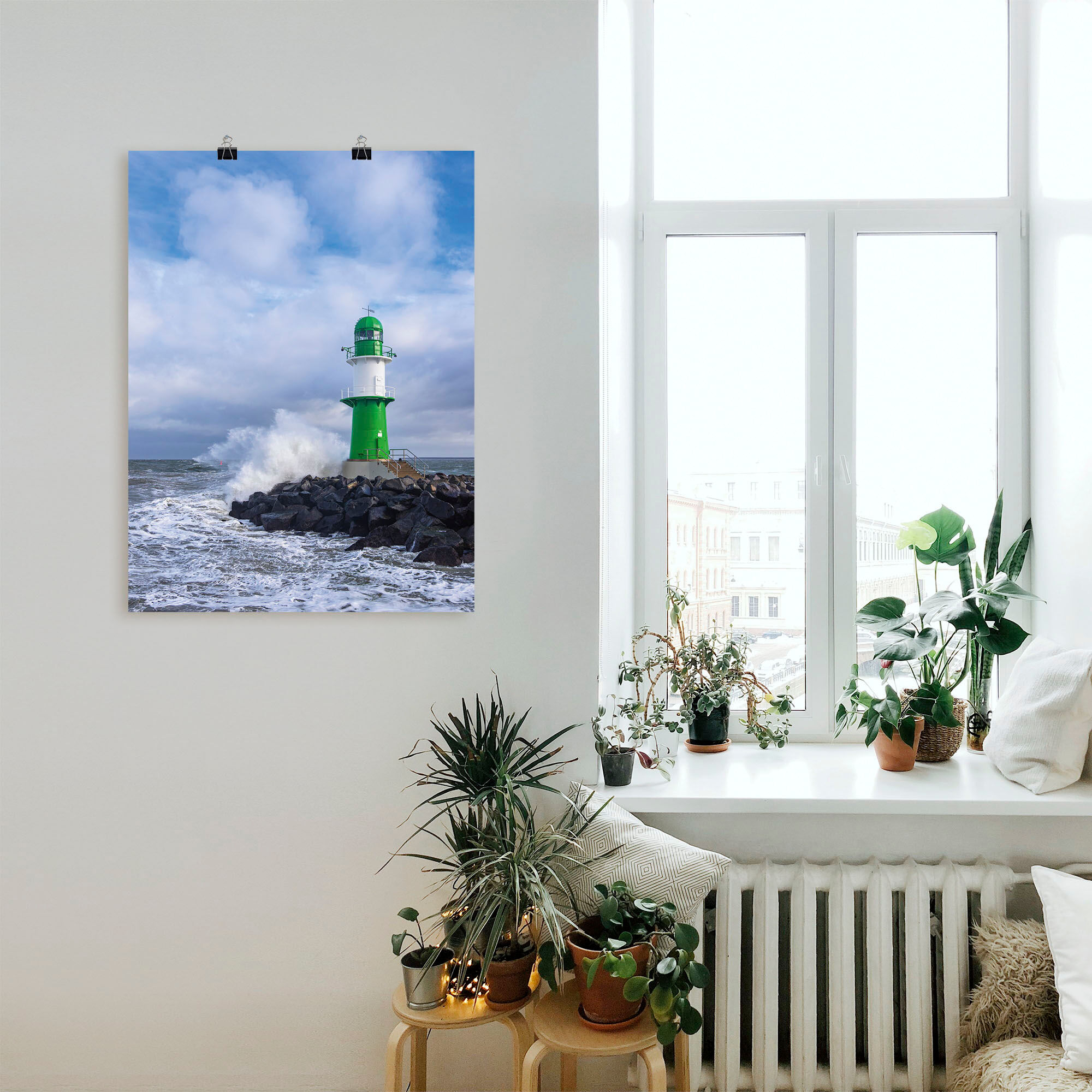 Poster ARTLAND "Mole an der Ostseeküste in Warnemünde", blau (farbe bild(er): blau), B:60cm H:80cm, Bilder, Poster, ohne Rahmen farbe bild(er): blau B/H/T: 60cm x 80cm, Poster Gebäude Hochformat, 1 Stk.