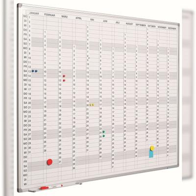 PROREGAL Jahresplaner Whiteboard Slim inkl. magnetische Monat-, Tages- & Zifferstreifen, HxB 90x120cm, inkl. Befestigungsmaterial & Stiftablage, Weiß