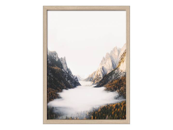 Tableau Foggy mountain forest II Verre : verre float Cadre : panneau de fibres de bois à densité moyenne MDF , pelliculé Blanc/Vert/Gris 55 x