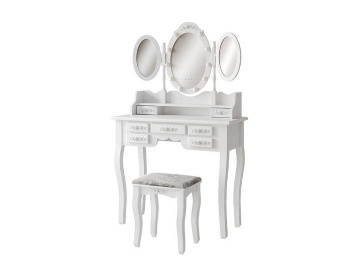 Vicco Schminktisch Diana, Weiß, 90 cm mit Spiegel, LED-Beleuchtung und Hocker, 1 Fächer, 5 Schubladen, Rechteckig,Rechteckig, 90x147x40 cm, Schlafzimmer, Schminktische