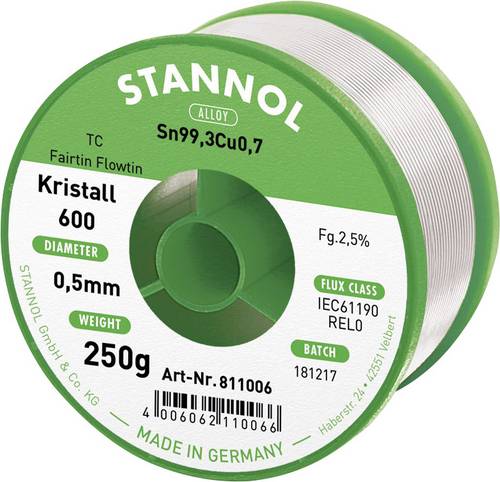 Stannol Kristall 600 Fairtin Lötzinn, bleifrei bleifrei Sn99,3Cu0,7 REL0 250g 0.5mm
