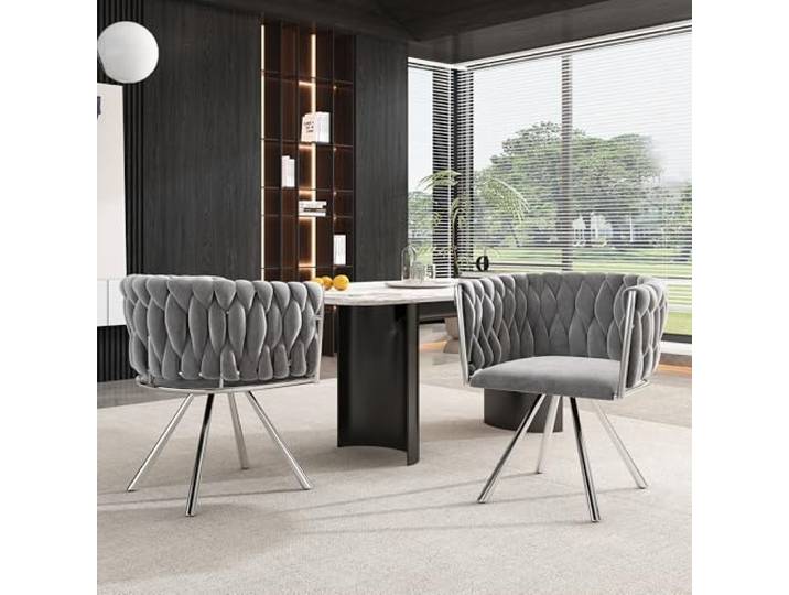 Merax Drehstuhl 2er Set, Moderne Armlehnstuhl aus Samt, Esszimmerstuhl Drehbar mit Metallbeinen, für Esszimmer, Wohnzimmer, Schlafzimmer, Grau und Silber