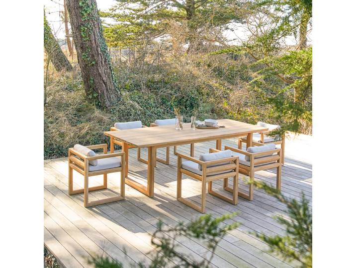 Gartenmöbel-Set Noah aus Teakholz mit Stoffkissen, 6 Stühle - Weiß