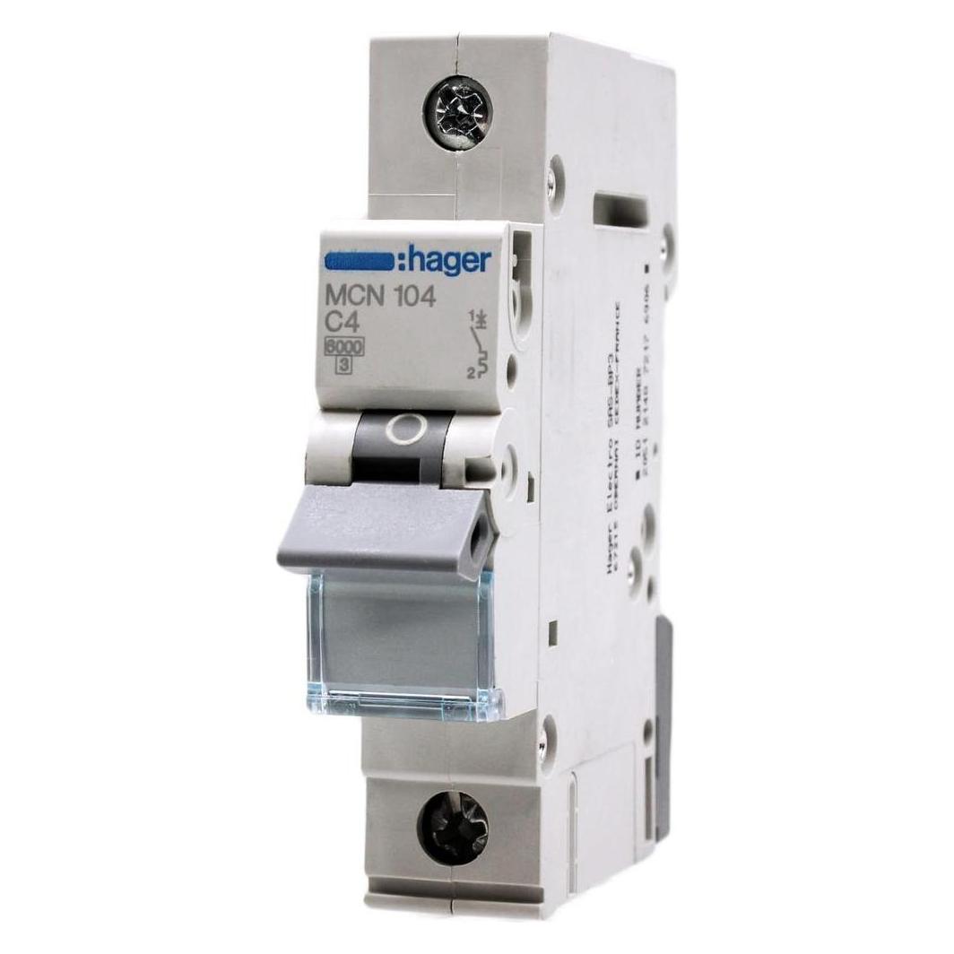 Hager MCN104. Anzahl der Pole: 1P. AC Eingangsfrequenz: 50/60, Nominale Stromabgabe: 4 A. Breite: 17,5 mm (MCN104)