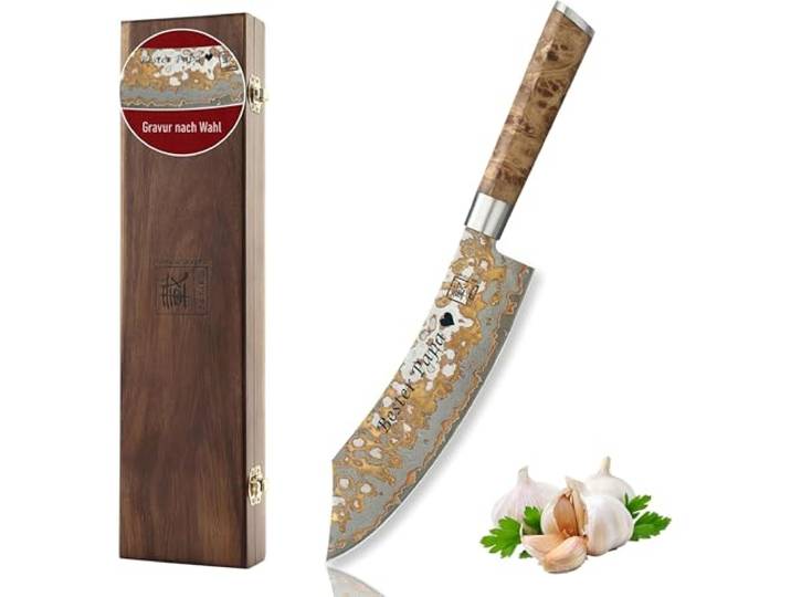 zayiko MysticMagma Blockmesser mit Gravur – Personalisiertes Messer, 20 cm Damaststahl-Klinge, Kupfer- & Bronzeinlay, Ahornwurzelholzgriff – Messer mit Gravur personalisiert, Geschenkbox