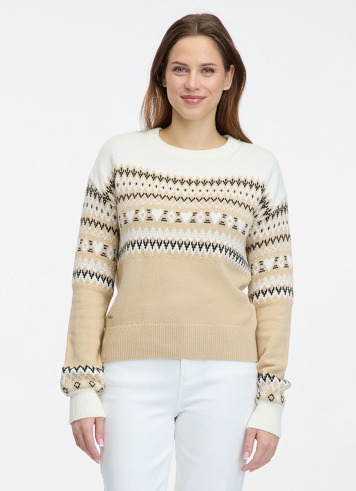 Rundhalspullover RAGWEAR "OSLANA", Damen, Gr. L, beige (sand), Strick, Obermaterial: 60% Baumwolle, 40% Polyacryl, gemustert, normal, Rundhals, Rippstrickbündchen, Pullover Rundhalspullover, mit Jacquard Strickmuster, Rundhals, normale Passform sand L
