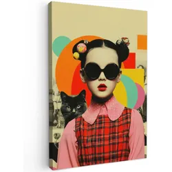 LEINWANDBILD Mädchen - Sonnenbrille - Katze - Retro Wanddeko Schlafzimmer 60x90 cm