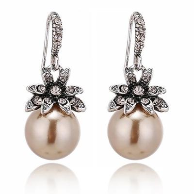 Nachahmung Perlenohrringe Naturstein runde Perle baumeln Ohrringe für Frauen Modeschmuck Geschenk¡ (i: Silber)