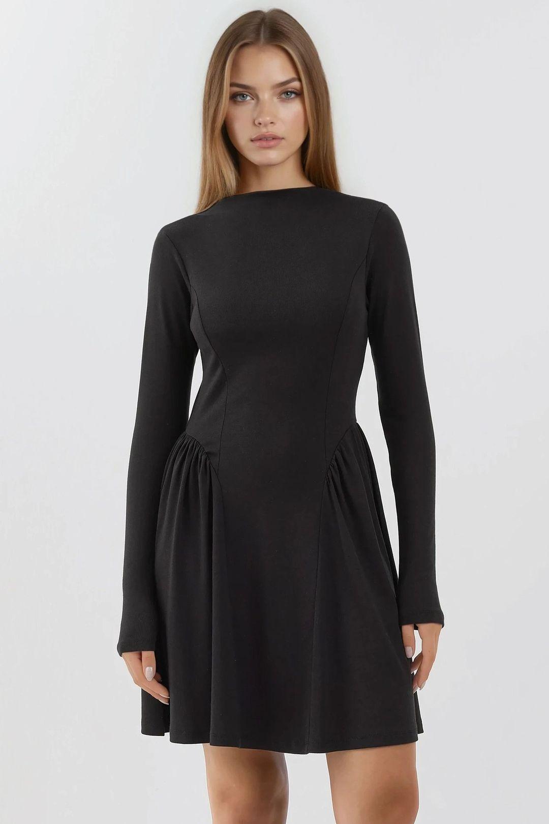 Weiches Texturiertes Boot-Ausschnitt Mini-Kleid