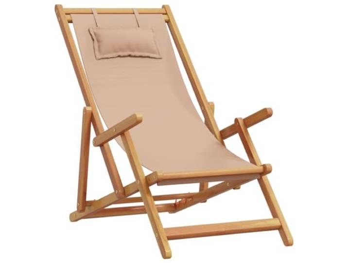 KTHLBRH Klappstuhl Taupe aus Massivholz Eukalyptus und Stoff 3-fach verstellbar, Kissen beige aus Baumwollfaser, Armlehnen, klappbar, 110 kg Belastung