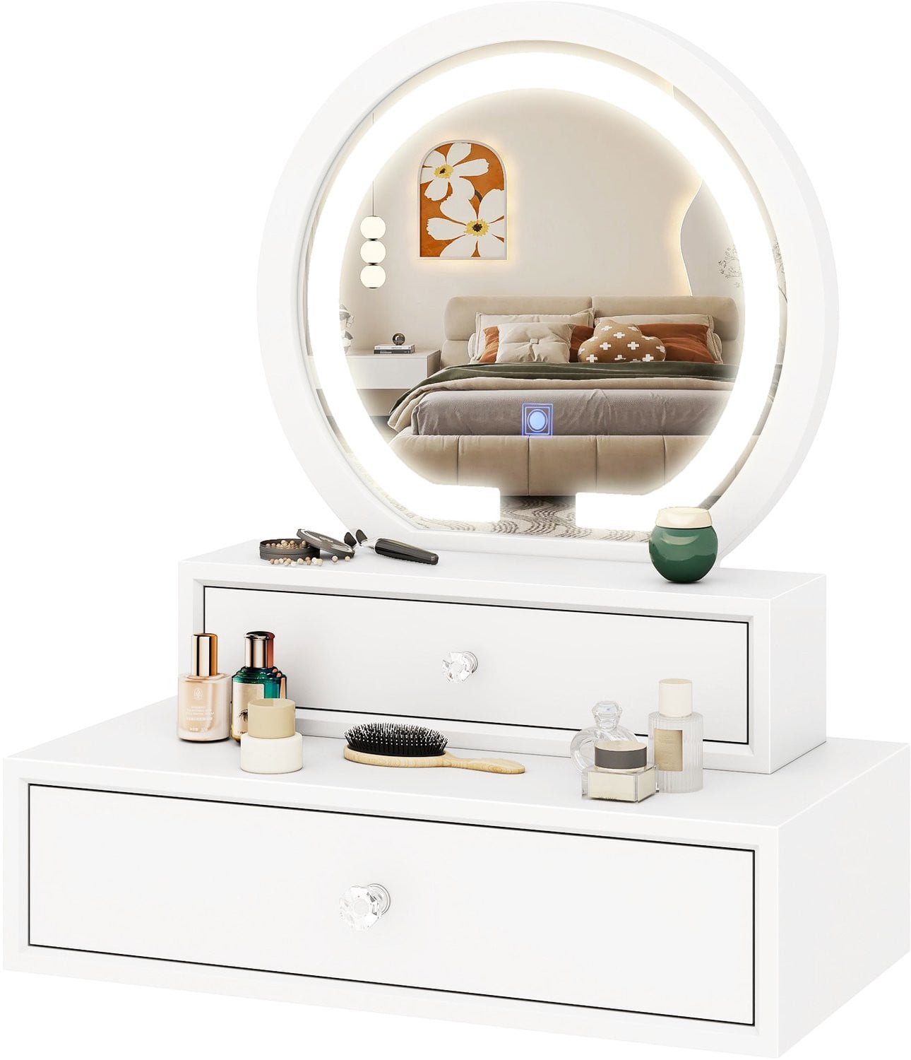 COSTWAY Make-uptafel met ronde spiegel en 2 laden