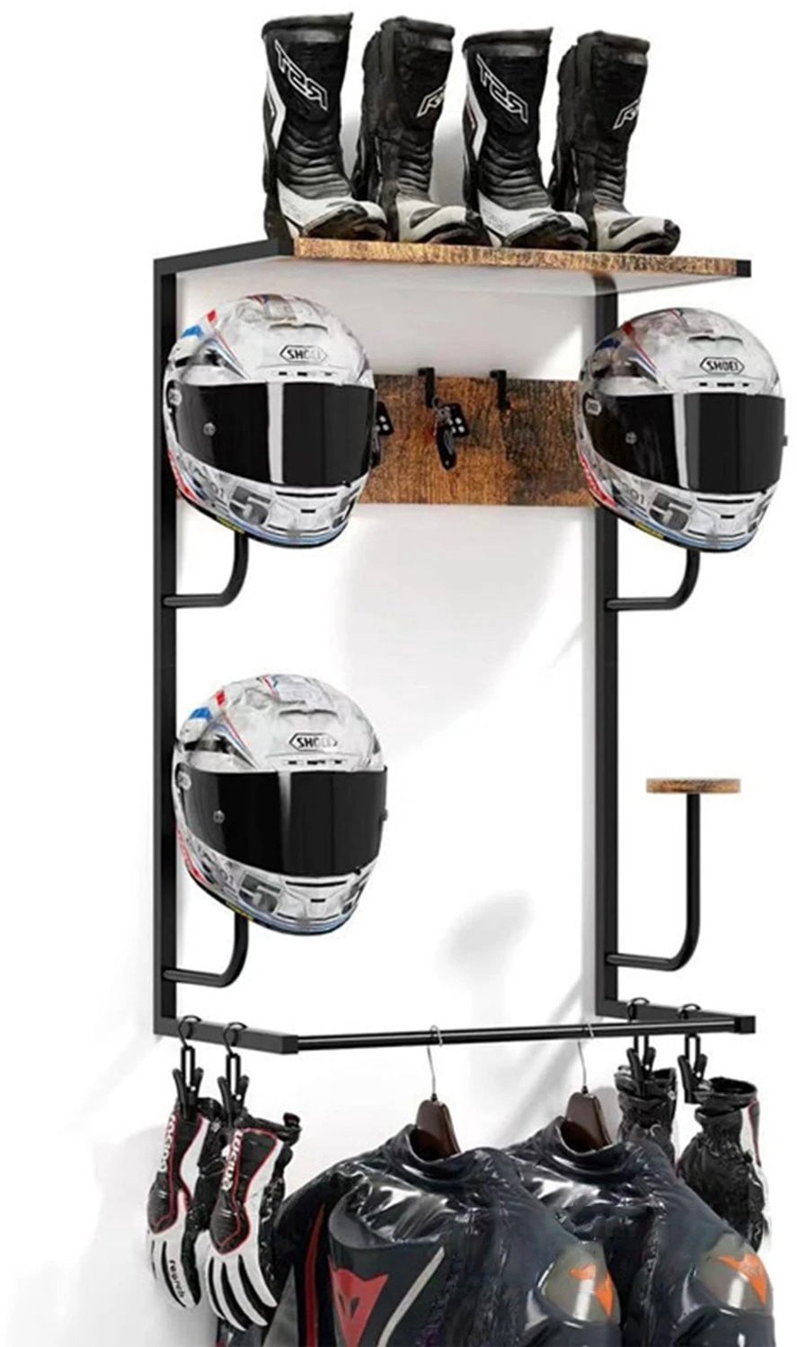 Tremeo Wandrek Kapstok en Helmhouder - Zwart - IJzer en Hout - Met 4 clips en haken