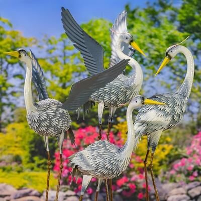 Zaer Ltd "Set of 4 Assorted Great Blue Heron Metal Garden Figurines ""Cuyahoga"""