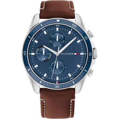 Multifunktionsuhr TOMMY HILFIGER "PARKER", braun (braun, blau, blau), Armbanduhren, Herren, silberfarben, Quarzuhr, Armbanduhr, Herrenuhr, Datum, Lederarmband