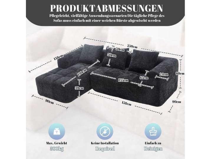 MEULVA Canapé d'angle modulable 3 places 250 x 158 x 60 cm en chenille noire avec méridienne et 3 coussins