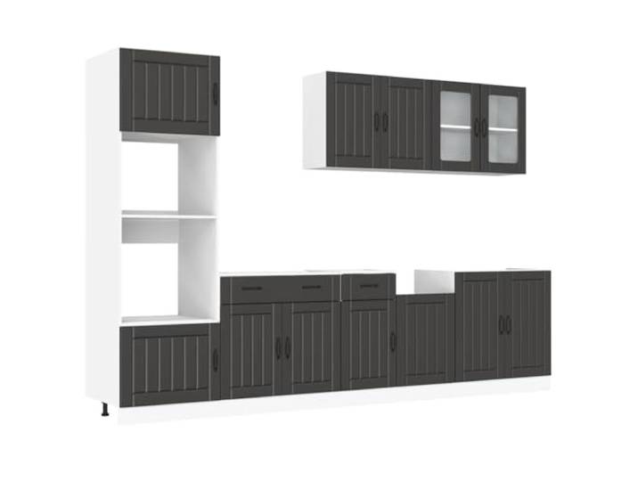fsahslih 7-TLG Küchenzeile Kalmar Schwarz Holzwerkstoff Set Modulare Küchenschränke mit Glastür und viel Stauraum für Töpfe, Geschirr und Zubehör in Küche oder Essbereich.