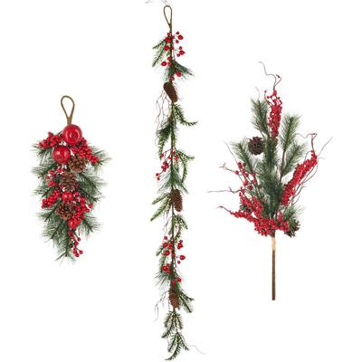 Winterliche Kunstpflanze OTTO HOME "3er Set aus Türhänger, Girlande und Bouquet", rot, H:74cm, Obermaterial: 100% Kunststoff, Kunstpflanzen, mit Zapfen, Beeren und Äpfel dekoriert