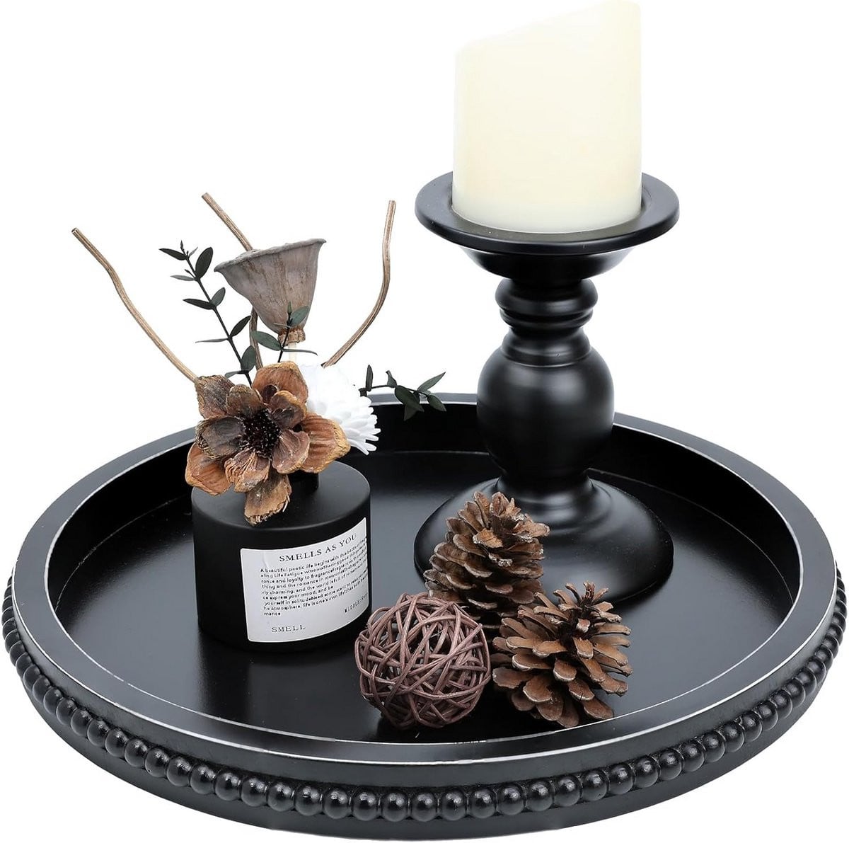 Decoratief Zwart Rond Houten Dienblad voor Tafels - Handgemaakt