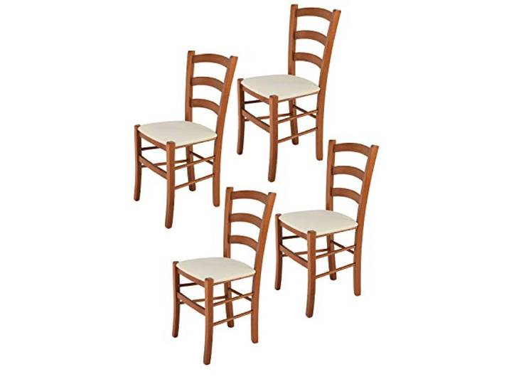 Tommychairs - 4er Set Stühle VENICE für Küche und Esszimmer, Struktur aus lackiertem Buchenholz im Farbton Kirschholz und gepolsterte gepolsterte Sitzfläche mit STOFF in der Farbe Elfenbein bezogen